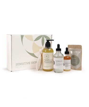 Herb N Eden - Sensitive Skin Facial Kit - Cleanse Mask Tone & Moisturize - Natural Ingredients & Essential Oils - Made in USA - 5 Product Set includes Wash Toner Serum Mask Sisal