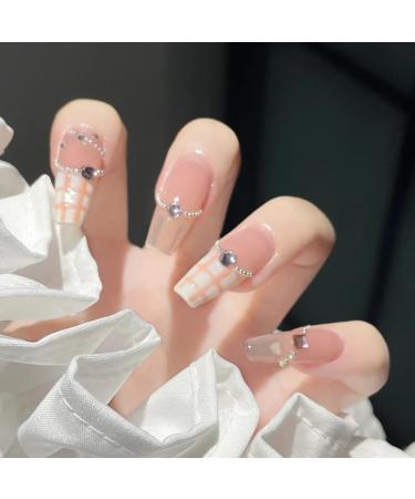 24Pcs/Set Press On Nails Long French Pearl Plaid Pattern False Nails Acrylic Fake Nails Full Cover Nails Tips Artificial Finger Manicure Press on nails for Women and Girls - Buy Online on GoSupps.com