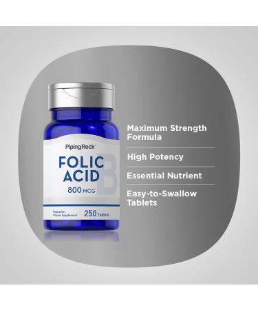 Piping Rock Folic Acid 800 mcg | 250 Tablet Capsules | Supplement for Men and Women | Vegetarian Non-GMO Gluten Free - Buy Online on GoSupps.com