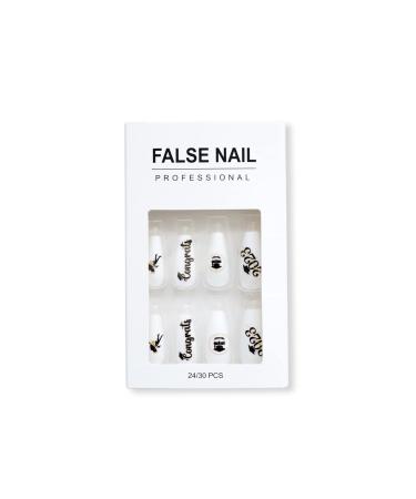 Graduation Press on Nails 24 Pcs Long Coffin Fake Nails 2023 Graduation Prom Nails Full Cover False Nails Acrylic Nails Glossy Nails for Women and Girls White and Black