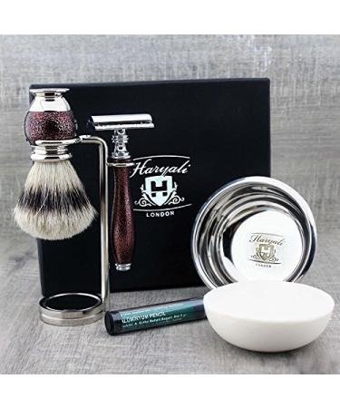 5-part premium selection razor set for men with silver tip shaving brush & de razor planer + double stand for steel shaving bowl & Haryali London Premium soap
