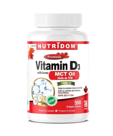Nutridom Vitamin D3 with Coconut MCT Oil - 1 000IU (25mcg) per serving (500 Softgels) Supports Immune Fuction Muscle & Bone Health Non-GMO Gluten Free Made in Canada
