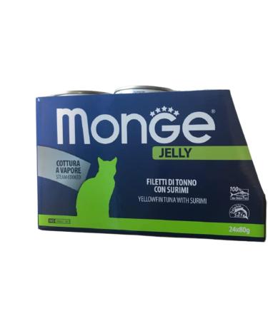 Monge Jelly natural de qualité supérieure Filets de thon avec surimi pour chats, cuisson à la vapeur. Lot de 24 boîtes (80 gr. l'une) sans colorants et conservateurs