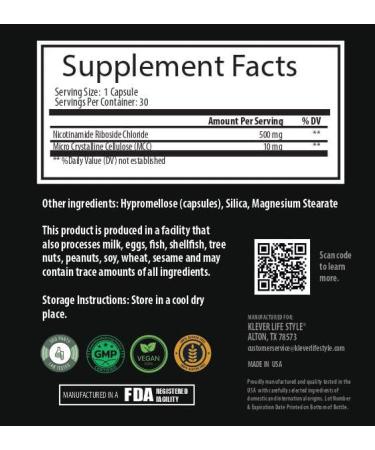 Klever Lifestyle | Nicotinamide Riboside Supplement | Cellular Function & Anti Aging Support NAD+ Activator | 500mg per Serving - Buy Online on GoSupps.com