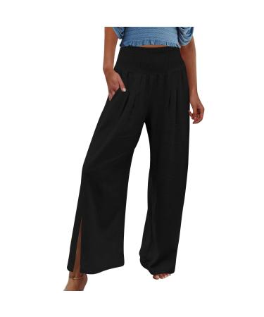 KICILVS Wide Leg Linen Pants for Women High Waisted Palazzo Pant Flowy Summer Beach Pants with Pockets Loose Fit Trousers Black XX-Large