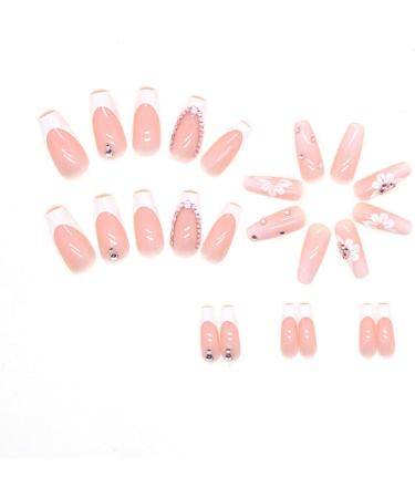 24pcs Medium Coffin False Nails French White Tip Stick on Nails Square Press on Nails with Flower Rhinestones Removable Glue-on Nails Full Cover Fake Nails Women Girls Nail Art Accessories 0267Y45 - Buy Online on GoSupps.com