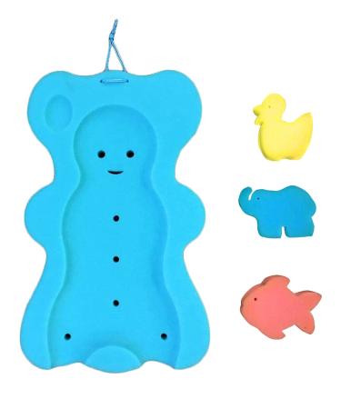 ReignDrop Baby Bath Sponge Mat for Tub  Safe Fun Sponge Bath Mat, Toys for Newborns  Toddler Bathing Cushion Insert with Inbuilt Drying Hanger  Bath Time Rest and Support for Sink (Small Bear) Small Blue Bear