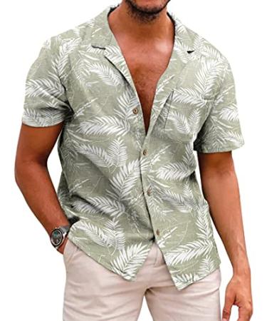 Coofandy Men's Hawaiian Floral Shirts Cotton Linen Button Down Tropical Holiday Beach Shirts X-Large B-palm Leaf