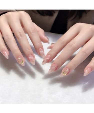 JUSTOTRY 24 Pcs Almond Short False Nails Moon Nude French Press on Nails Pattern Stars Fake Nails Short with Nail Glue Oval Medium Stick on Nails for Women Nails Fake Nail for Nails Art nude&moon1