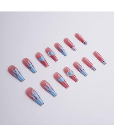 Xerling Blue Heart French Coffin Nails with Charms - Long Press On Ballerina Fake Nails for Women & Girls | Stylish Stick-On False Nails (Pattern C - Buy Online on GoSupps.com