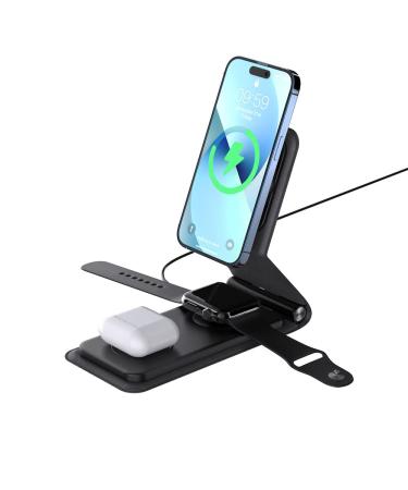 15W Portable 3 in1 Magnetic Fast Wireless Phone Charger Stand Foldable Charging Station for iPhone 15/14/13/12 Charger for Apple Watch7/6/5/4/3 for Airpods3/2/Pro (Adapter Included) Black