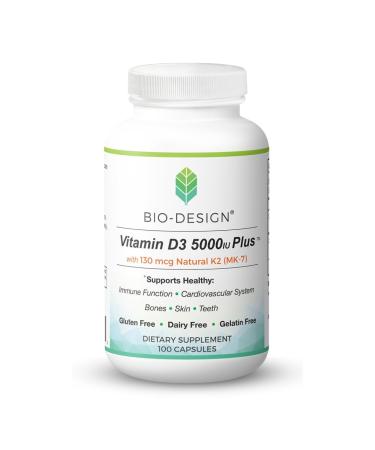 Bio-Design Vitamin D3 5000i Plus 130 mcg Natural K2 (MK-7) - Immune Regulation & Support Supplement - Supports Healthy Immune Function Bone & Teeth Mineralization & Heart Health -100 Capsules