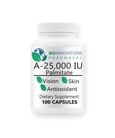 Bio-Innovations Pharmacal A-25,000 IU Palmitate , Powder Form (100 Capsules) Non-GMO, Supports Low Light Vision, Immune Support, Cellular Integrity of Skin & Bones, Antioxidant, Made in USA