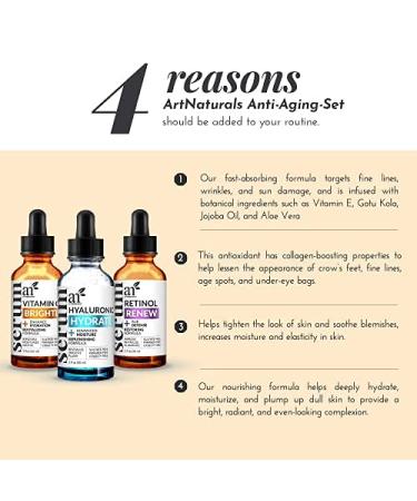 ArtNaturals Anti-Aging Set - Vitamin-C Retinol Hyaluronic Acid Serum for Wrinkles & Dark Circles - 3 x 1 Fl Oz - All Natural & Moisturizing (ANAA-0101) - Buy Online on GoSupps.com