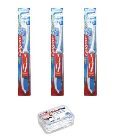 3-Pack Colgate Portable Folding Soft Toothbrushes with Sanitral in 50-Pack Dental Floss Sticks (Set of 4)