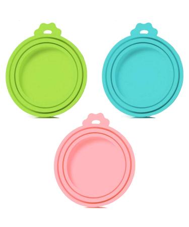 SLSON 3 Pack Pet Food Can Cover Universal Silicone Cat Dog Food Can Lids 1 Fit 3 Standard Size Can Tops (Blue+Green+Pink)