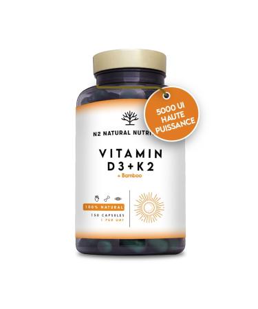 Vitamin D3 K2 Natural High Dosage Vitamin D3 5000 iu + Vitamin K2 MK7 200 g + Silicon Contributes to Immune System Functioning Bones and Teeth 150 Capsules N2 Natural Nutrition