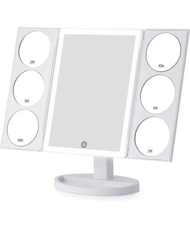 MIRRORVANA  X-Large Vanity Makeup Mirror with 44 LED Lights  3 Color Lighting Modes  10X 5X 3X Magnifying Panels  Dual Power Supply  360  Rotation and Touch Screen Dimmer Switch on HD Glass (White)