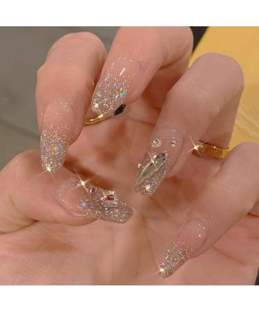 24Pcs Press on Nails Medium  3D Rhinestones Coffin Fake Nails with Designs  Glossy Ballerina Acrylic Nails Press on  Sparkly Glitter Artificial Glue on Nails False Nails with Glue for Women Girls