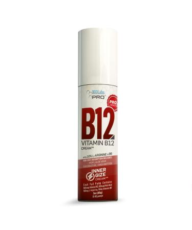 INNERGIZE B12 Cream - All Natural Topical B12 w/B6 & 10% L-Arginine - Advanced Neurological & PreWorkout Support - Professional Grade Methyl B12 - B6