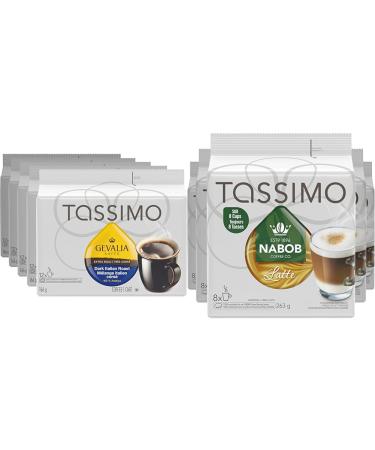 Tassimo Gevalia Dark Italian Roast Coffee Single Serve T-Discs 166g (5 Boxes of 12 T-Discs) & Nabob Latte Coffee Single Serve T-Discs 263g (5 Boxes of 8 T-Discs) Coffee+ Coffee 8 Count (Pack of 5)