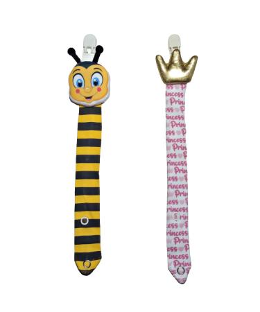 Pacifier Holder for Baby Boy and Girls 2 Pack Pacifier Clips with Plush Animal Toys and Baby Gift (Princess - Bee)