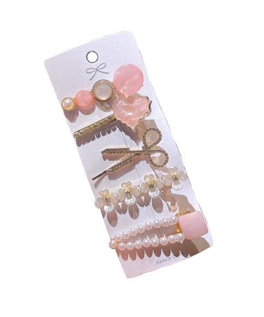 LNGLAT 5 PCS Hair Clip Set Pearl and Rhinestone Hairpins Metal Handmade Hair Barrettes Trendy Flower Headwear for Women Girls pink