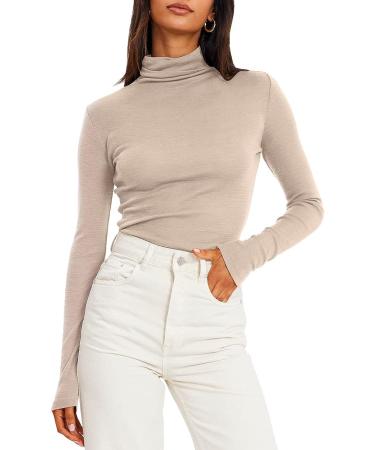 Trendy Queen Women's Mock Turtleneck Long Sleeve Shirt - Beige, Medium | Fall Fashion Basic Layering Top | Slim Fit Thermal Underwear - Buy Online on GoSupps.com