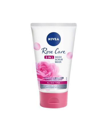 Nivea rose Care 3 in 1 washing peeling mask (150 ml) all in one face scrub face water and face mask with mineral sound hyaluronic acid and organic rose water