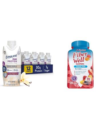 Ensure Max Protein Nutrition Shake with 30g Protein & Vitafusion Sugar Free Fiber Gummies Peach/Strawberry/Blackberry 90 Count