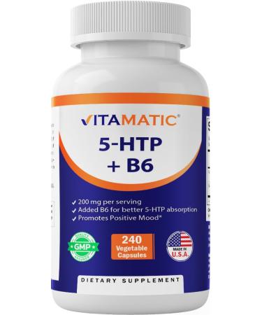 Vitamatic 5-HTP 200mg with B6 5mg Per Serving - 240 Vegetarian Capsules (5-Hydroxytryptophan) - (Griffonia Simplicifolia Seed Extract)