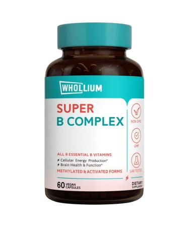 Whollium Vitamin B Complex All B Vitamins Methyl B12 & Folate P5P R5P Niacinamide D-Biotin B1 B5 Energy & Brain Support High Absorption Non-GMO Extended-Release 60 Vegan Caps