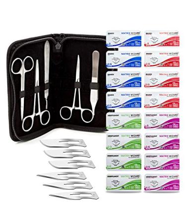 Sterile Sutures Thread with Needle Plus Tools - First Aid Field Emergency Trauma Practice Suture Kit Taxidermy Medical Nursing and Vet Students (16 Mixed 0 2/0 3/0 4/0 with 12 Instruments) 28PK