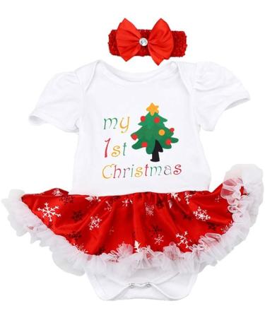 FYMNSI Baby Girl 1st Christmas Outfit | Princess Tutu Romper Set with Shoes & Headband | Reindeer Xmas Tree Print Bodysuit for 0-18 Months - Buy Online on GoSupps.com