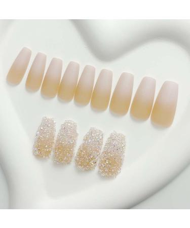 Shop Medium Press on Nails - Coffin Shape Matte Gradient Pink with Rhinestones | 24Pcs Full Cover Glue-On Acrylic Nails for Women & Girls - Buy Online on GoSupps.com