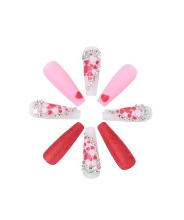 Brishow Red Press-On Nails with Heart Rhinestones | 24 Ballerina Acrylic Fake Nails for Women & Girls - International Shipping - Buy Online on GoSupps.com