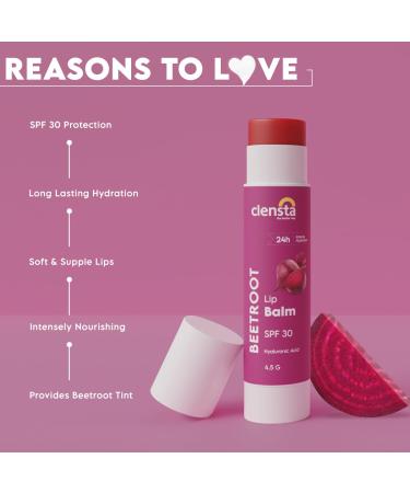 Clensta Beetroot Tinted Lip Balm | SPF 30 with Hyaluronic Acid | 24 Hour Hydration | Nourishing Lip Tint | Moisturizing Lip Balm for Dry & Cracked Lips | 0.16 Oz/4.5g - Buy Online on GoSupps.com