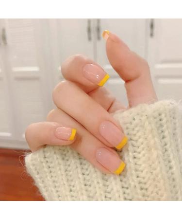 Handcess Short Shiny Square Artificial Nails - French Art Design in Yellow/Pink - 24 Press-On Nails for Women & Girls - Buy Online on GoSupps.com