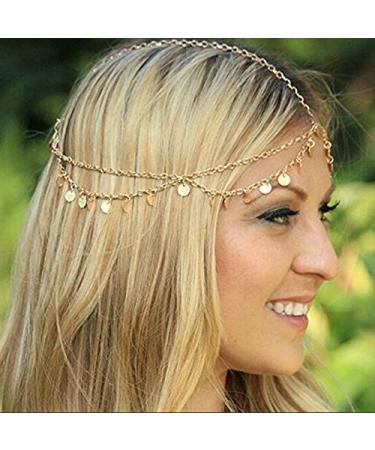 Aukmla Gold Sequins Head Chain Jewelry Festival Halloween Prom Costume Hair Accessories Fashion Headbands Headpieces for Women and Girls