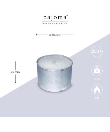 pajoma Tea Lights 200 Pieces - Unscented White 8-Hour Burn Time | Perfect for Weddings Parties Catering and Outdoor Celebrations | 25x38mm 20g Wax - Buy Online on GoSupps.com
