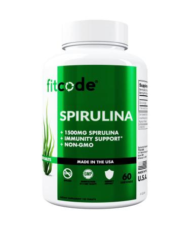 fitcode Spirulina Tablet 1500 mg - Antioxidant Rich Spirulina Energy Supplement with Vitamin B Potassium Magnesium and Iron for Immune Support - Blue Green Algae Protein Supplement for Heart Health