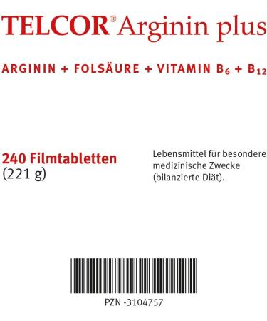 Telcor Arginine Plus - 240 Vegan Tablets for High Blood Pressure & Arteriosclerosis Support | Vitamins B6 B12 & Folic Acid | Quality Made in Germany - Buy Online on GoSupps.com
