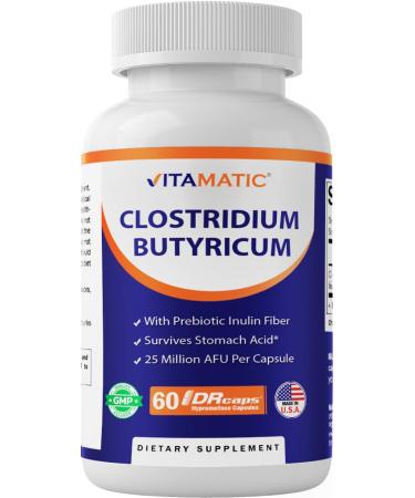 Vitamatic Clostridium butyricum 25 Million - Gut Health - 60 DR Capsules (Delayed Released) - Made with Prebiotic Inulin Fiber
