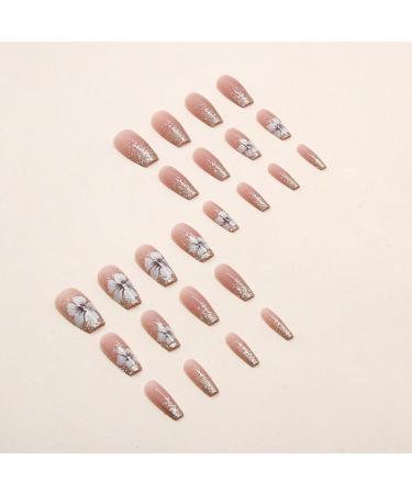 SINLOV Coffin French Camellia Flower False Nails Nude Long Medium Fake Nails Glossy Press on Nails Ballerina Acrylic Full Cover Fake Nails for Women and Girls - Buy Online on GoSupps.com