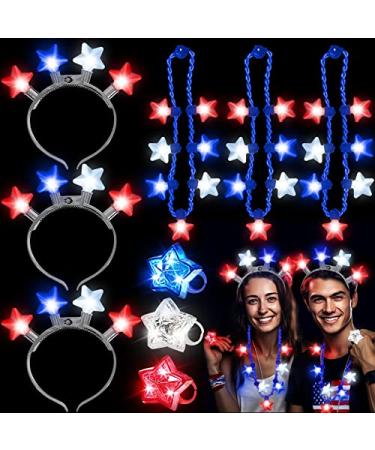 9 Pack 4th of July Party Favor 4th of July LED Light Up Necklace Headband Ring Red White Blue Stars Patriotic Accessories Party Supplies for Kids Adults Independence Day Memorial Day Veterans Day