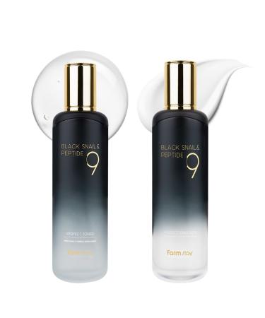 FARMSTAY Black Snail & Peptide 9 Perfect Toner + Emulsion Snail Mucin Moisturizer for Elastic & Glow Skin Hydrating & Soften Anti-Aging Skin Barrier Repair for Women & Men Korean Skin Care