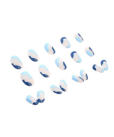 24 Pcs Blue Press on Nails - Short Oval Shape Almond Glossy False Nails with French Stripe Wave Design - Artificial Finger Manicure for Women and Girls - Buy Online on GoSupps.com
