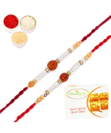 Ghasitaram Gifts Rakhi for Brother Rakhis Online - Set of 2-Rs115 Rakhis with 200 GMS of Besan Barfi Rakhi Set with 200 gms of Besan Barfi