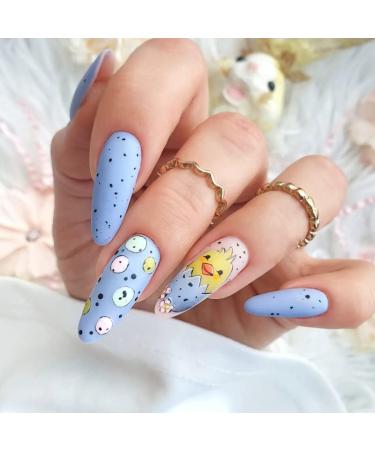 diduikalor Easter Long Press on Nails Chicken Fake Nails Almond Egg Acrylic False Nails Artificial Glue on Nails for Women 24Pcs easter style 09