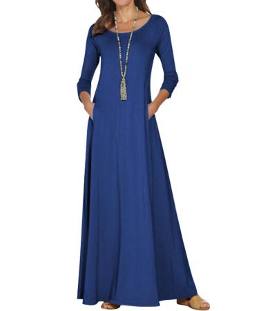 Jacansi Women's 3/4 Long Sleeve Maxi Dresses Casual Boat Neck Dress with Pockets S Blue